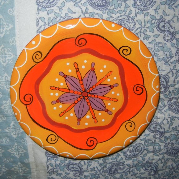 4 Pier 1 Hand Painted Stoneware Plate Swirls & Flower Earthtones - Picture 4 of 6